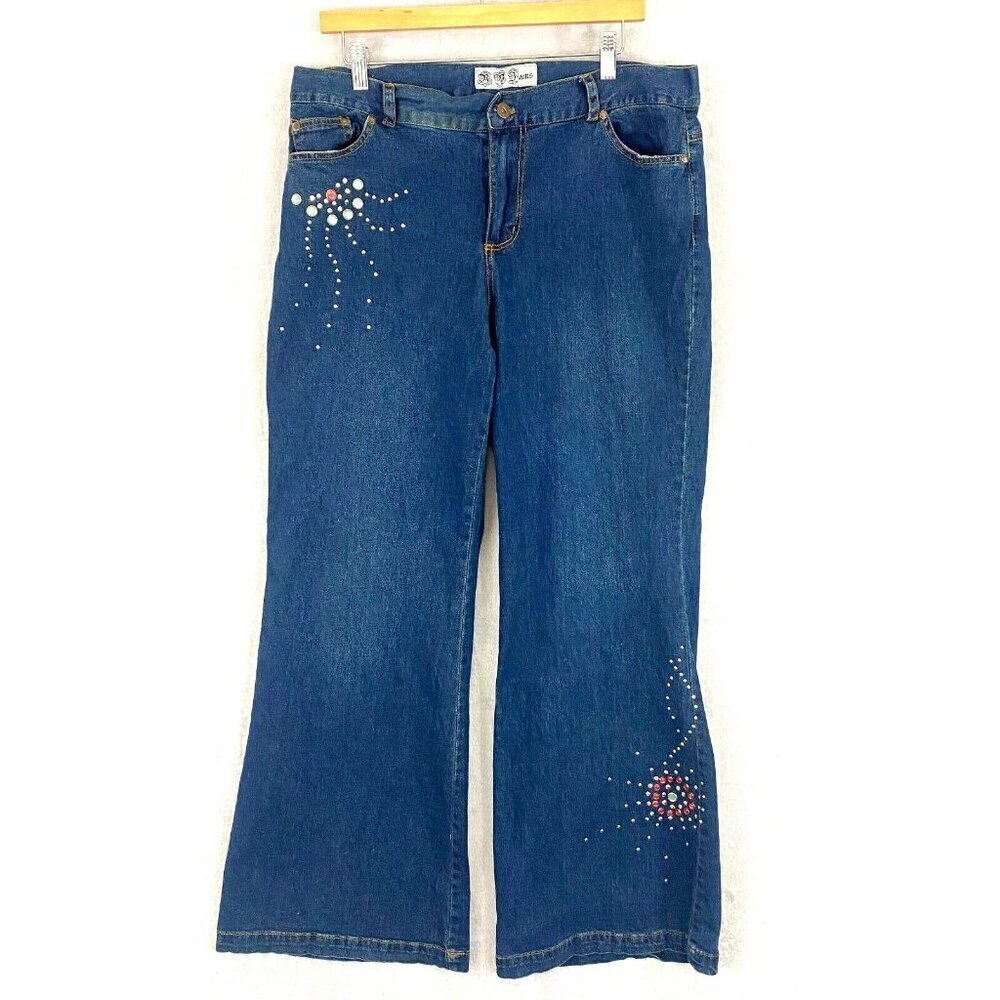 Vintage RB Jeans Wide Leg Bootcut Womens Size‎ 14 Rhinestone Beaded Blue Retro